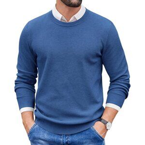 Men's Crewneck Sweaters Dress Long Sleeves Pullover Sweater Knit Blue Stretch